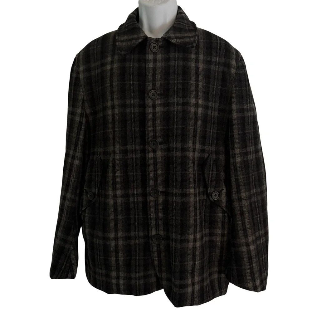 Banana Republic Men Coat M Mackinaw Style Lined Brown Black Plaid Wool Blend VTG